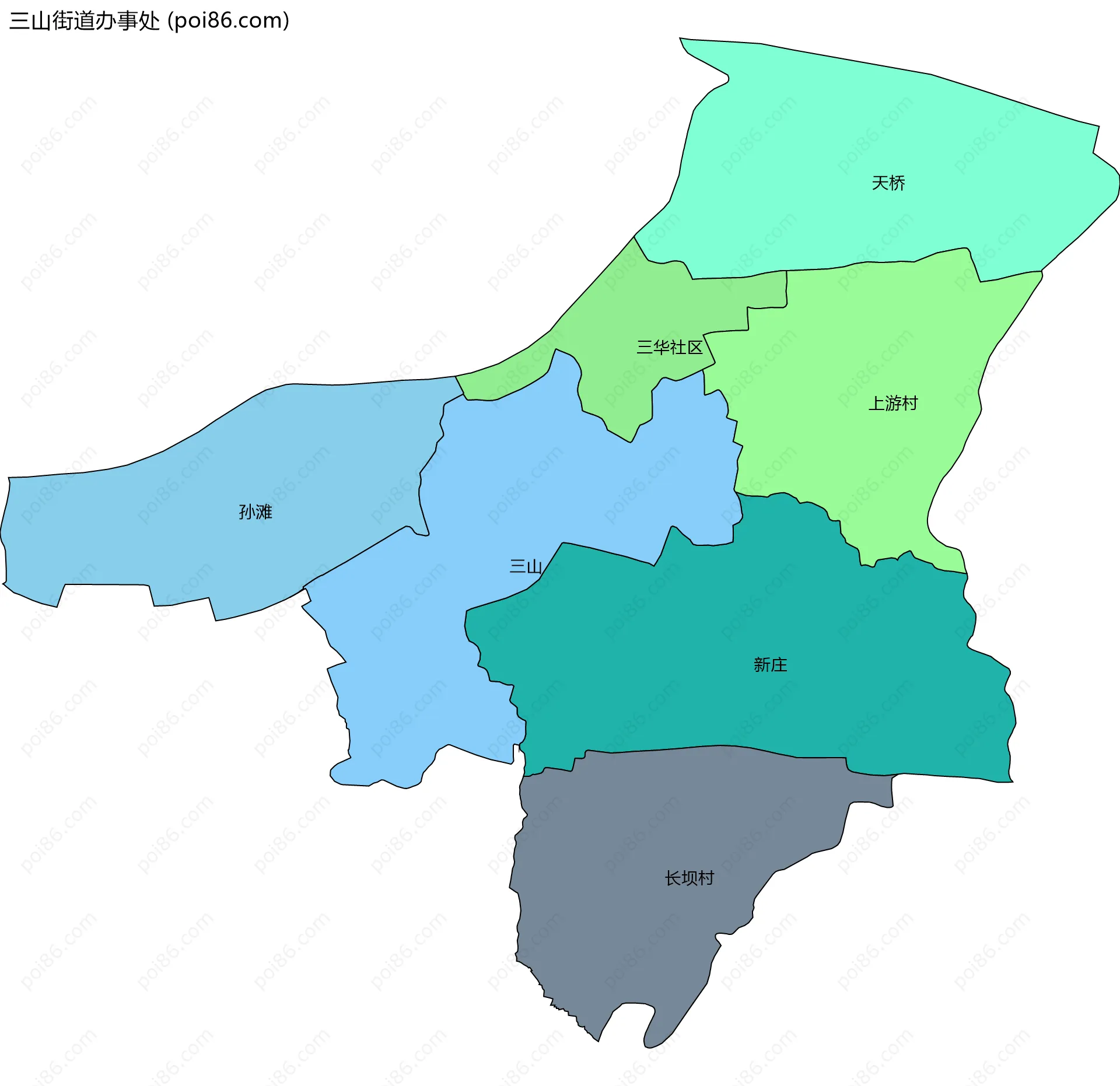 三山街道办事处边界地图(五级行政区划)