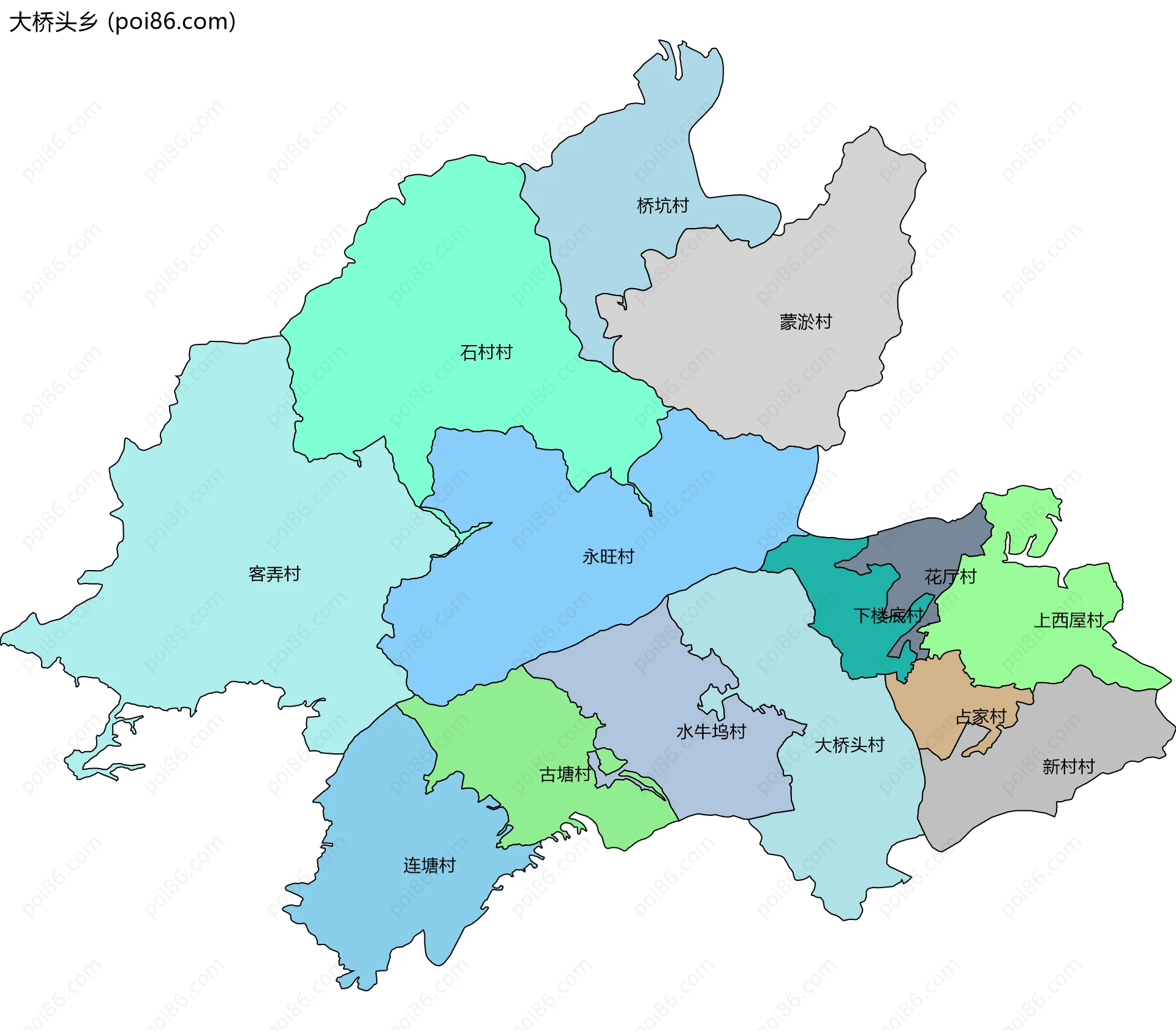 大桥头乡边界地图(五级行政区划)