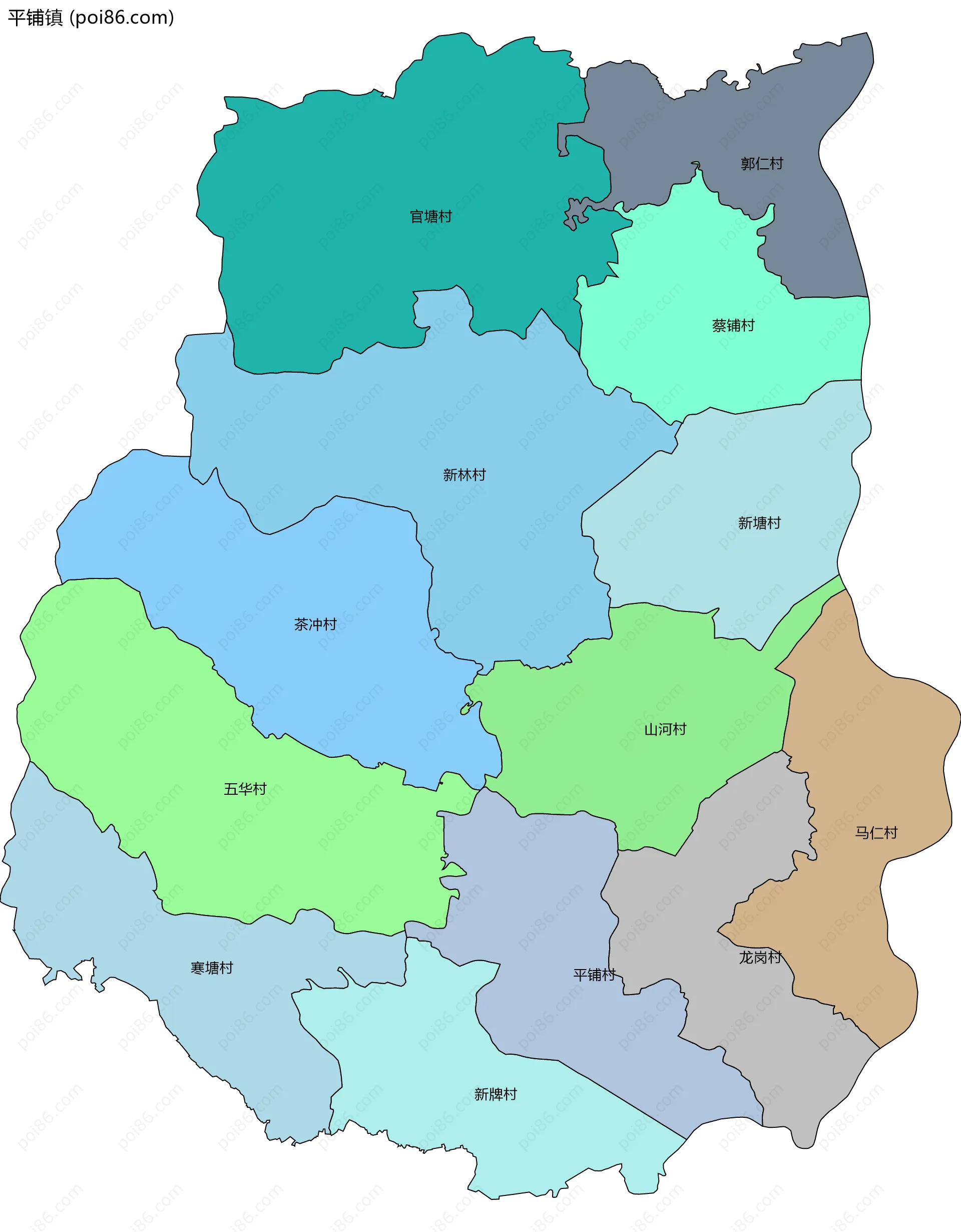 平铺镇边界地图(五级行政区划)