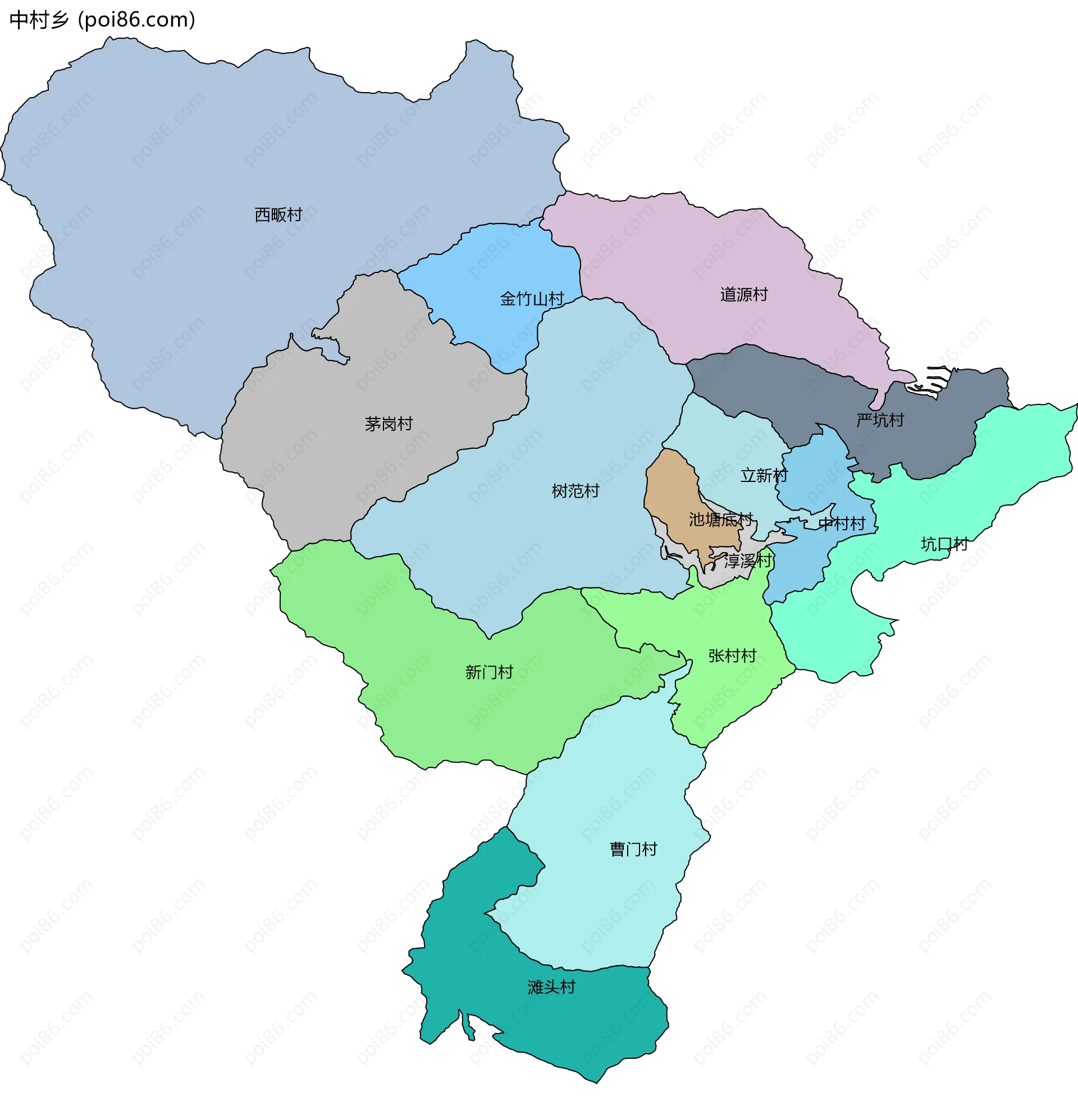 中村乡边界地图(五级行政区划)