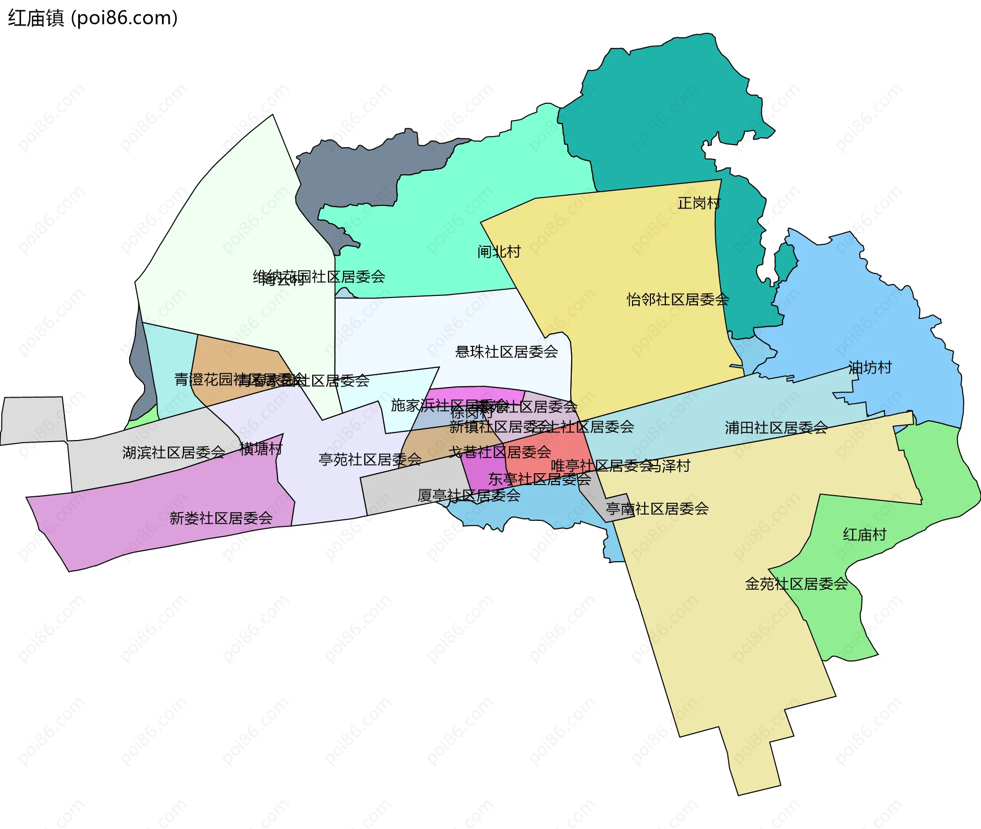 红庙镇边界地图(五级行政区划)