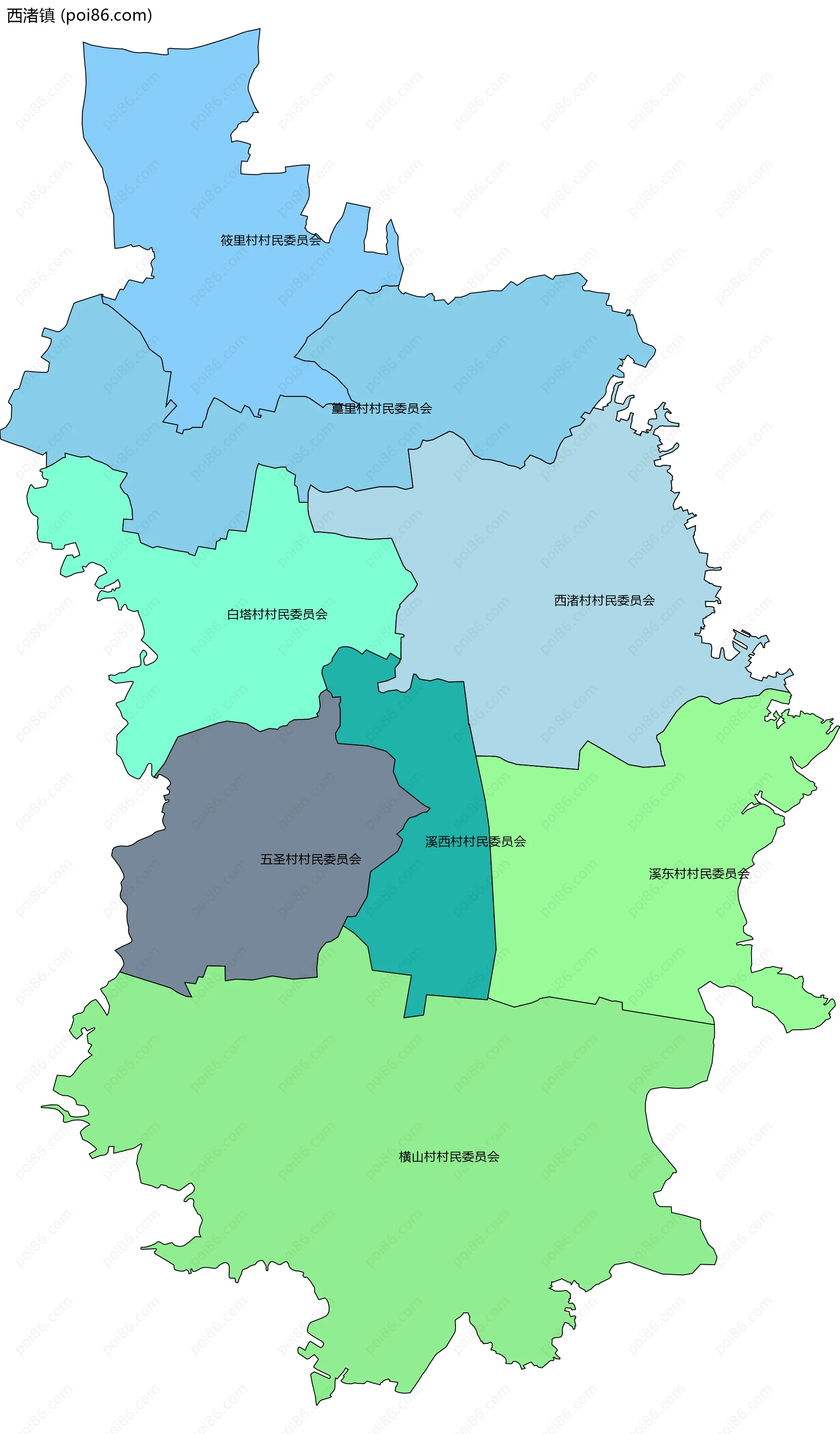 西渚镇边界地图(五级行政区划)