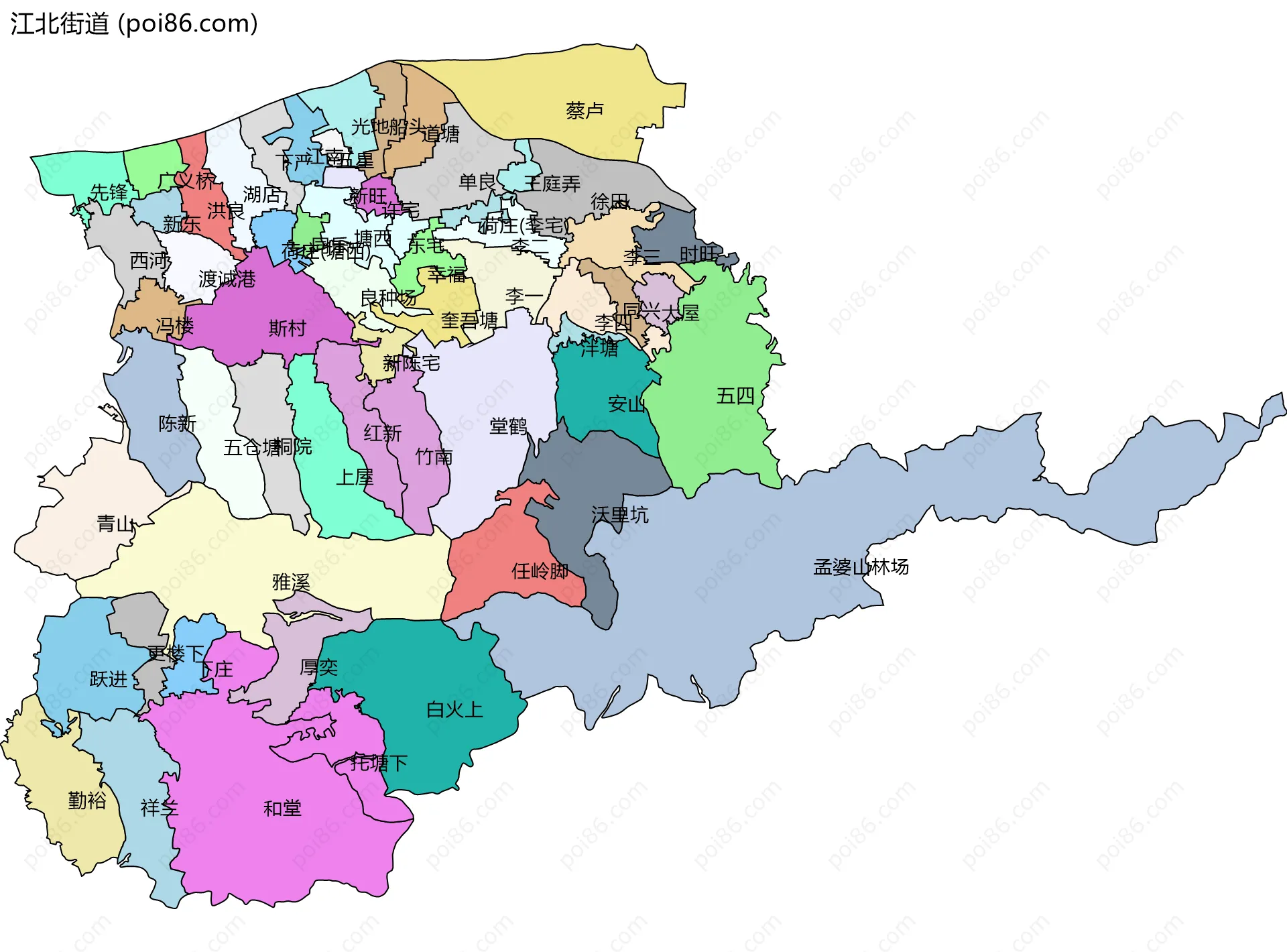 江北街道边界地图(五级行政区划)