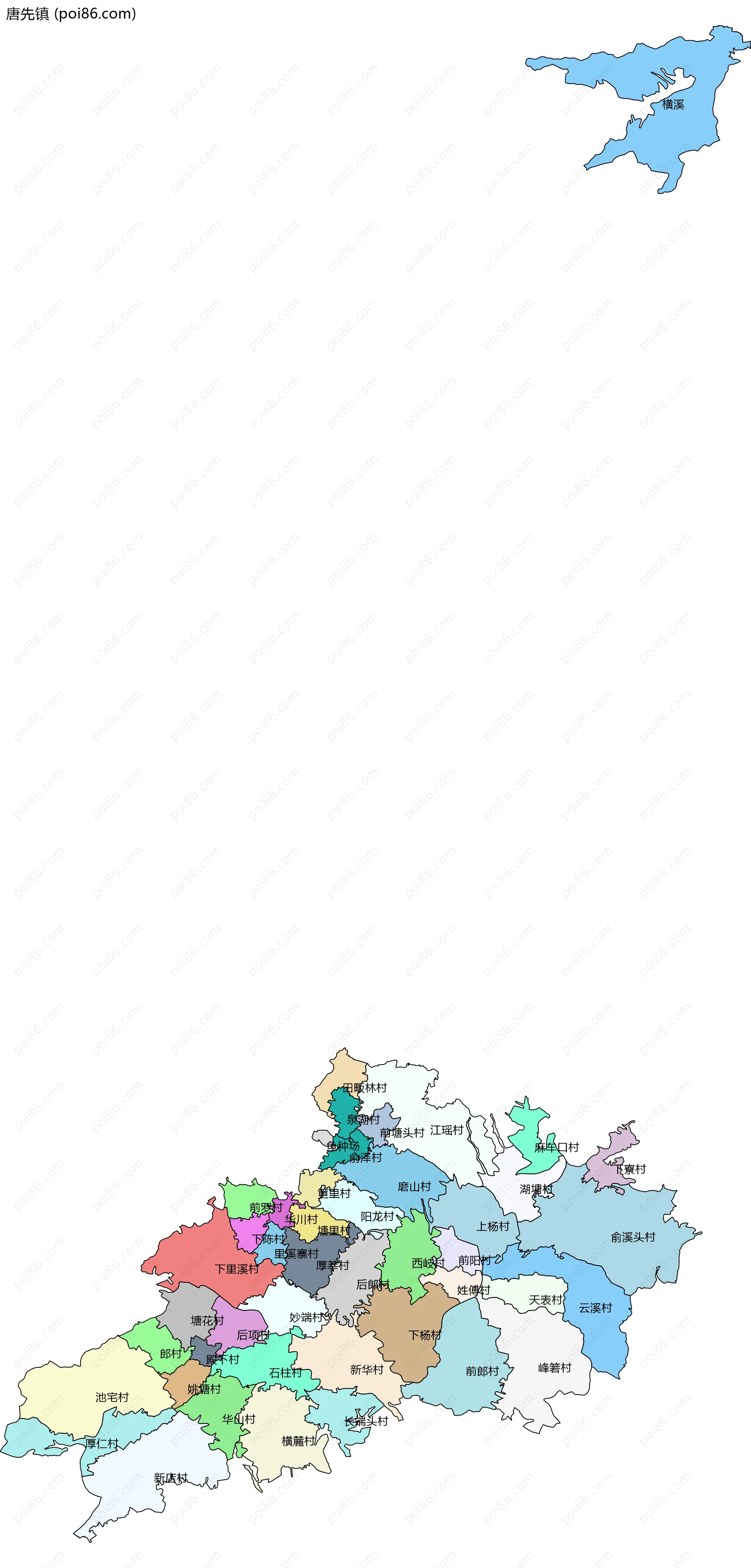 唐先镇边界地图(五级行政区划)