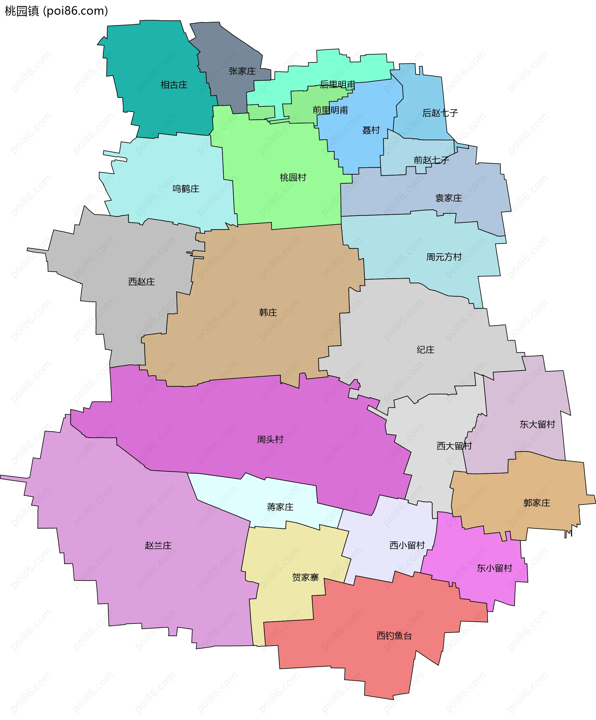 桃园镇边界地图(五级行政区划)