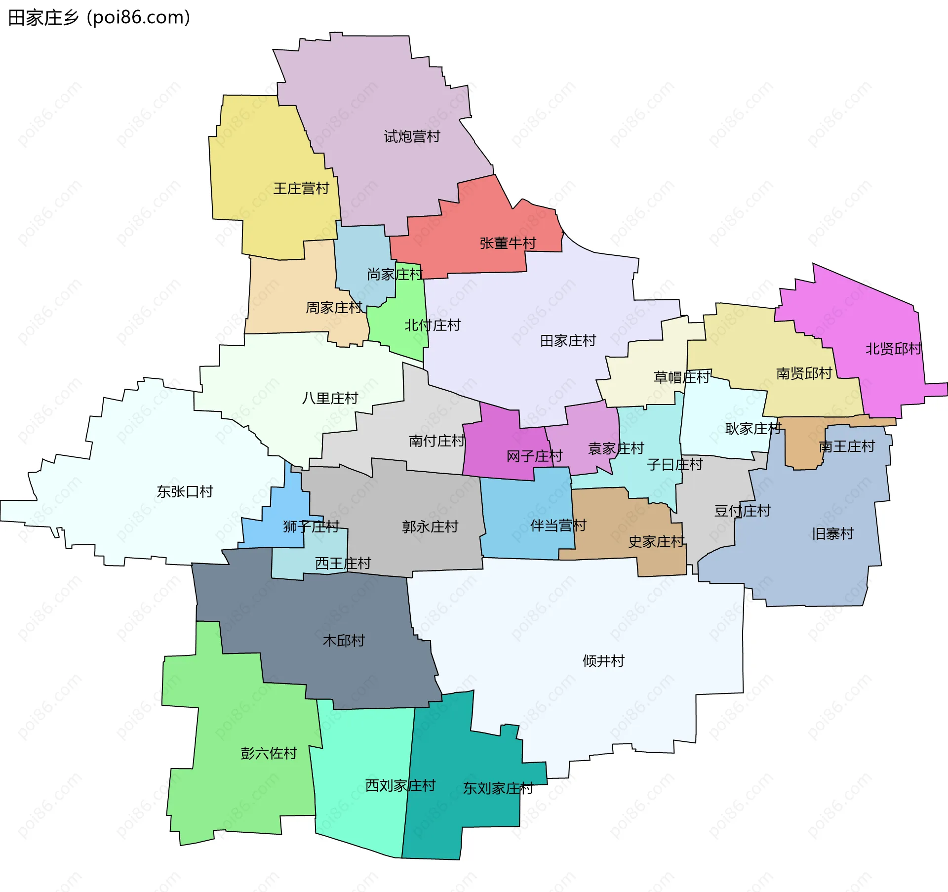 田家庄乡边界地图(五级行政区划)