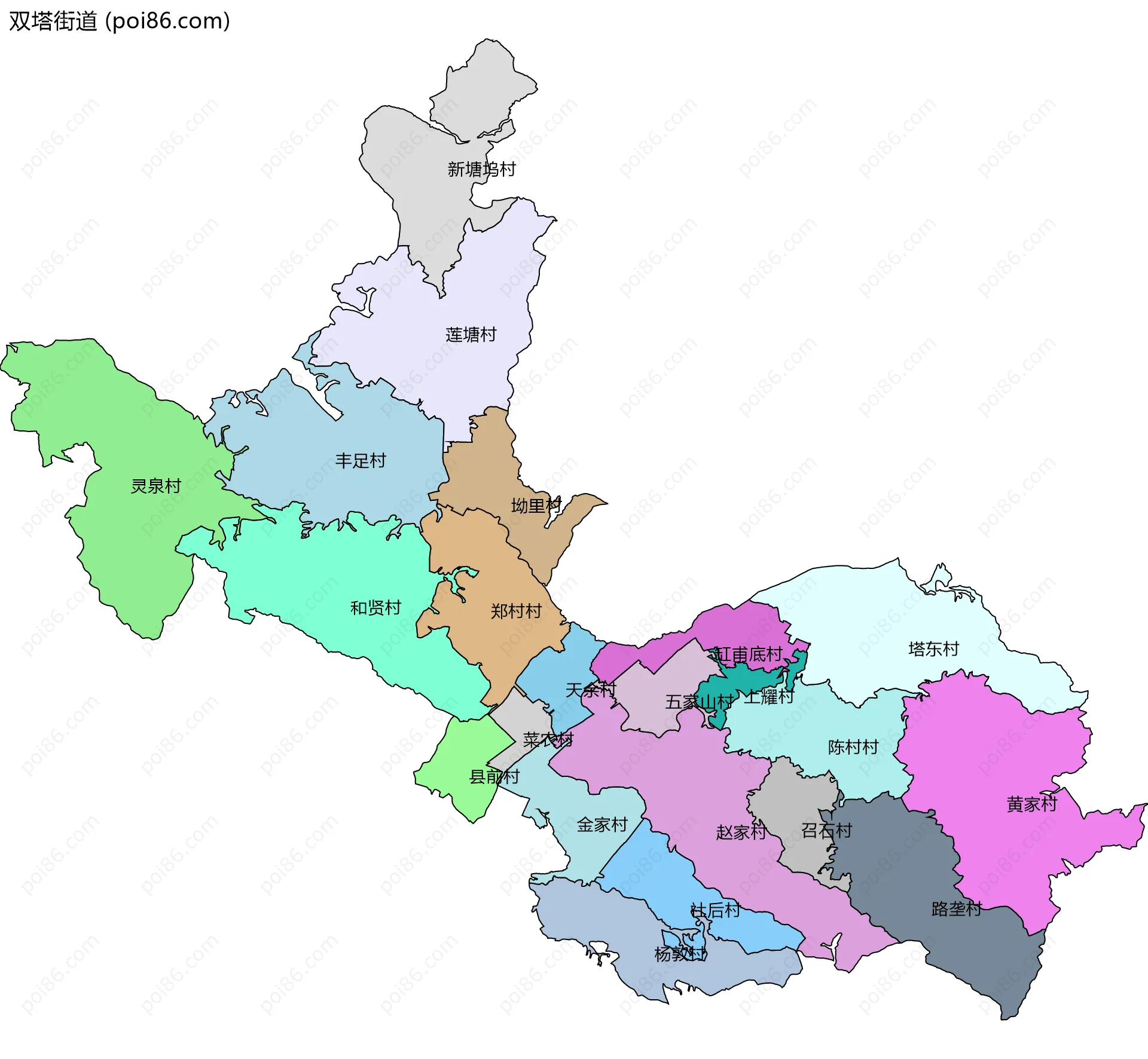 双塔街道边界地图(五级行政区划)