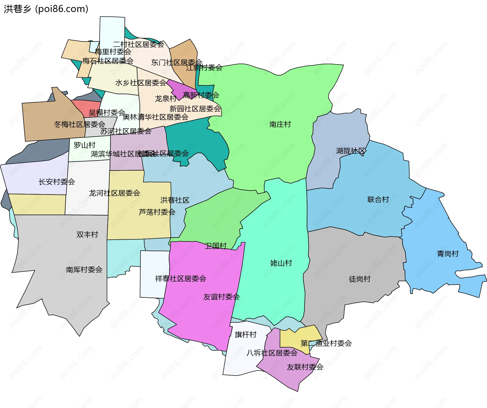 洪巷乡边界地图(五级行政区划)