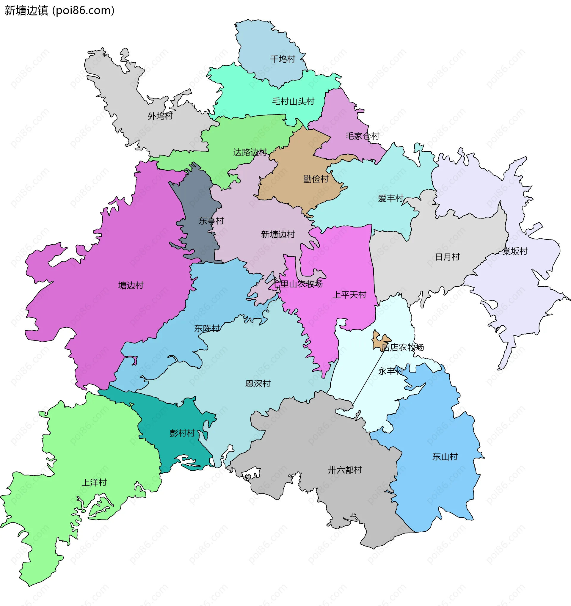 新塘边镇边界地图(五级行政区划)