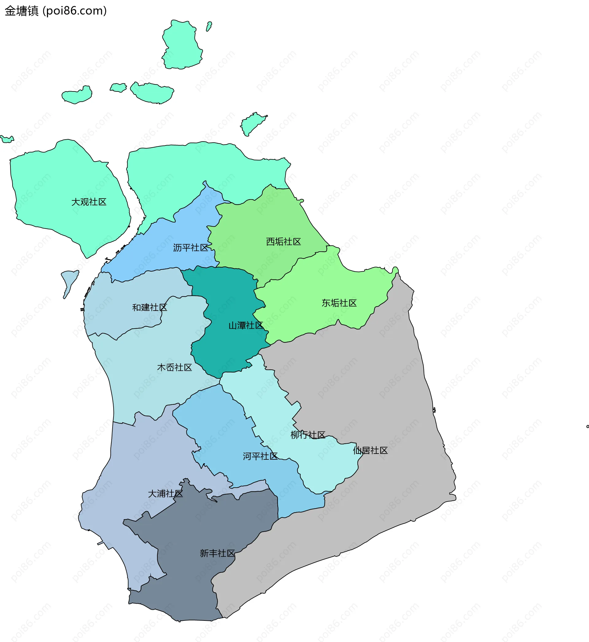 金塘镇边界地图(五级行政区划)