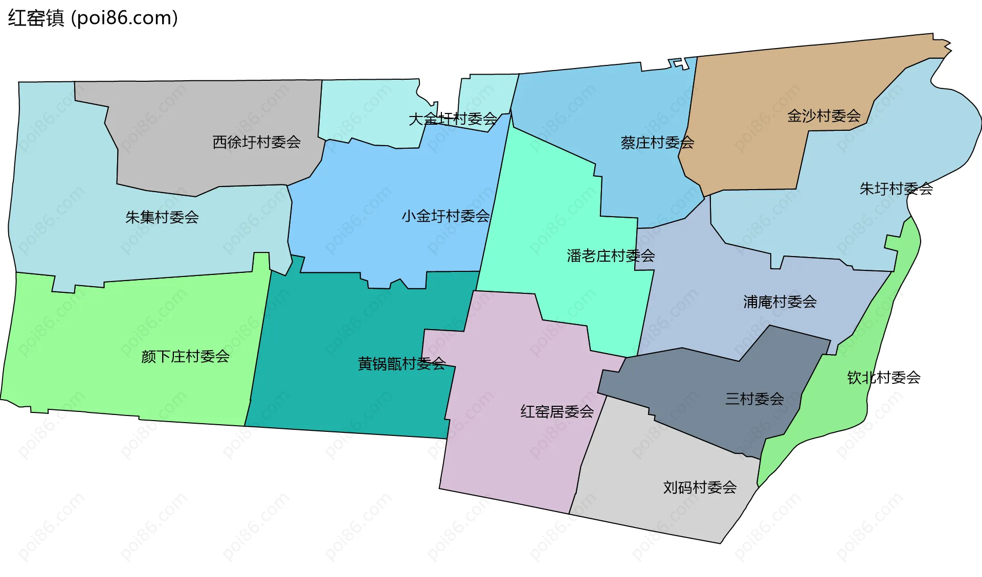 红窑镇边界地图(五级行政区划)