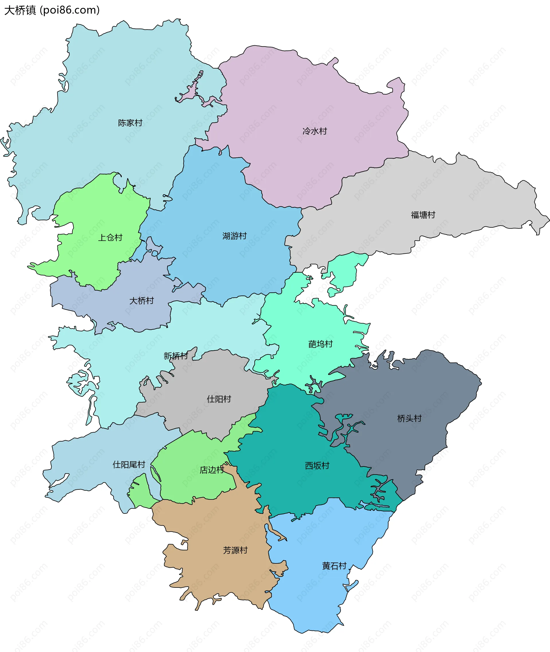 大桥镇边界地图(五级行政区划)