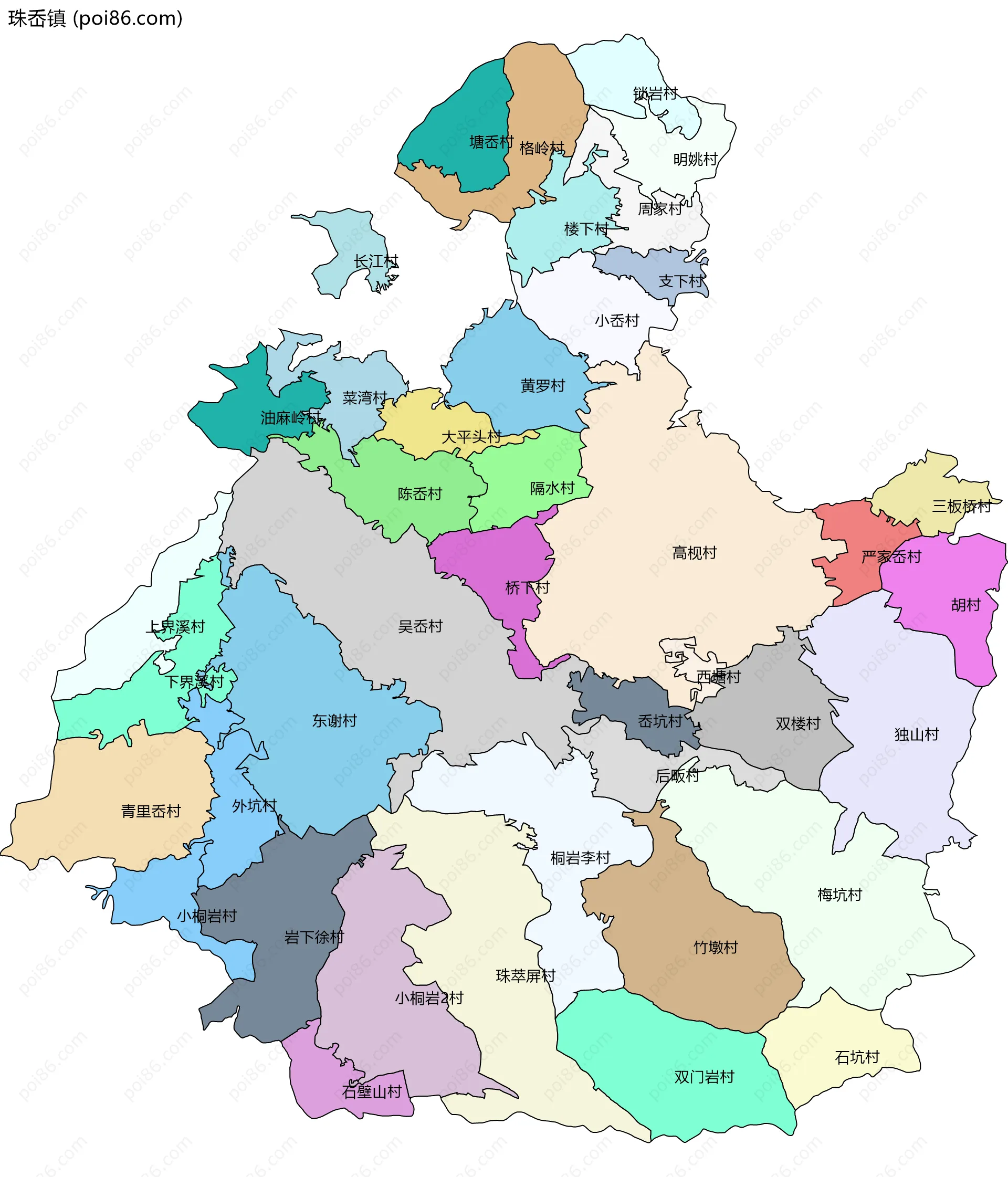 珠岙镇边界地图(五级行政区划)