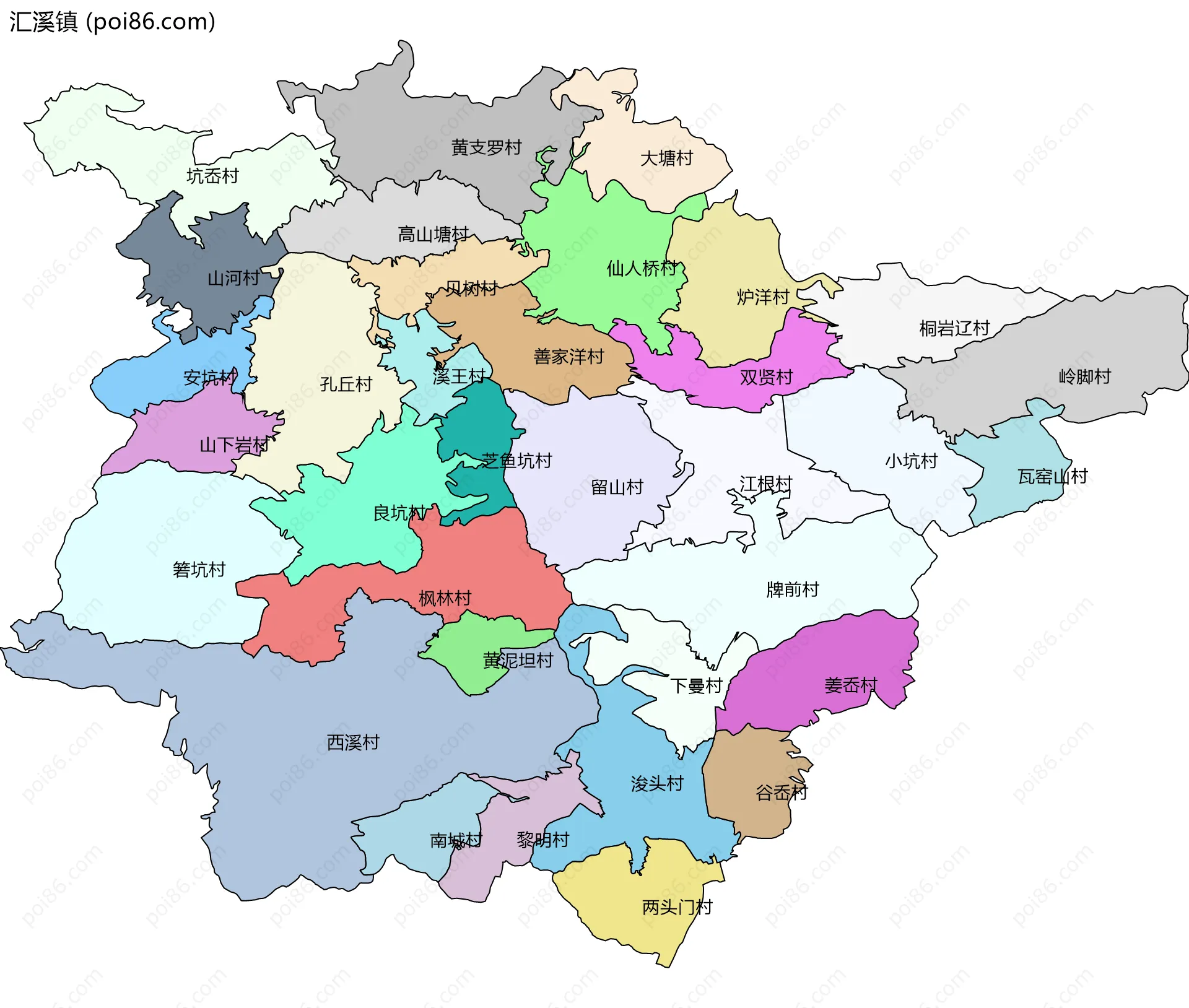 汇溪镇边界地图(五级行政区划)