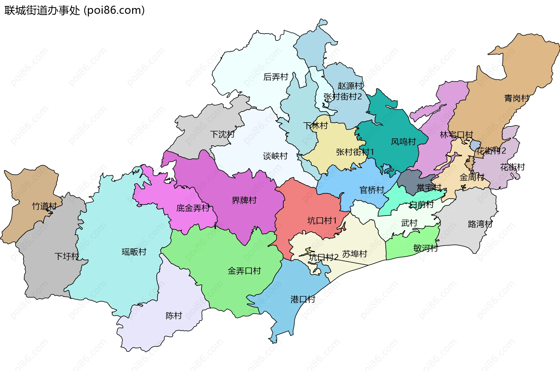 联城街道办事处边界地图(五级行政区划)